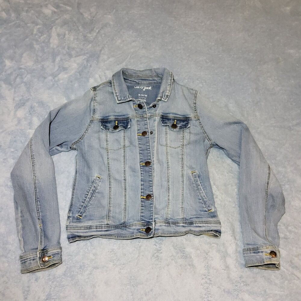 Cat & Jack Girls' Jean Jacket Denim Snap Closure Size XL 14/16 Medium Wash
